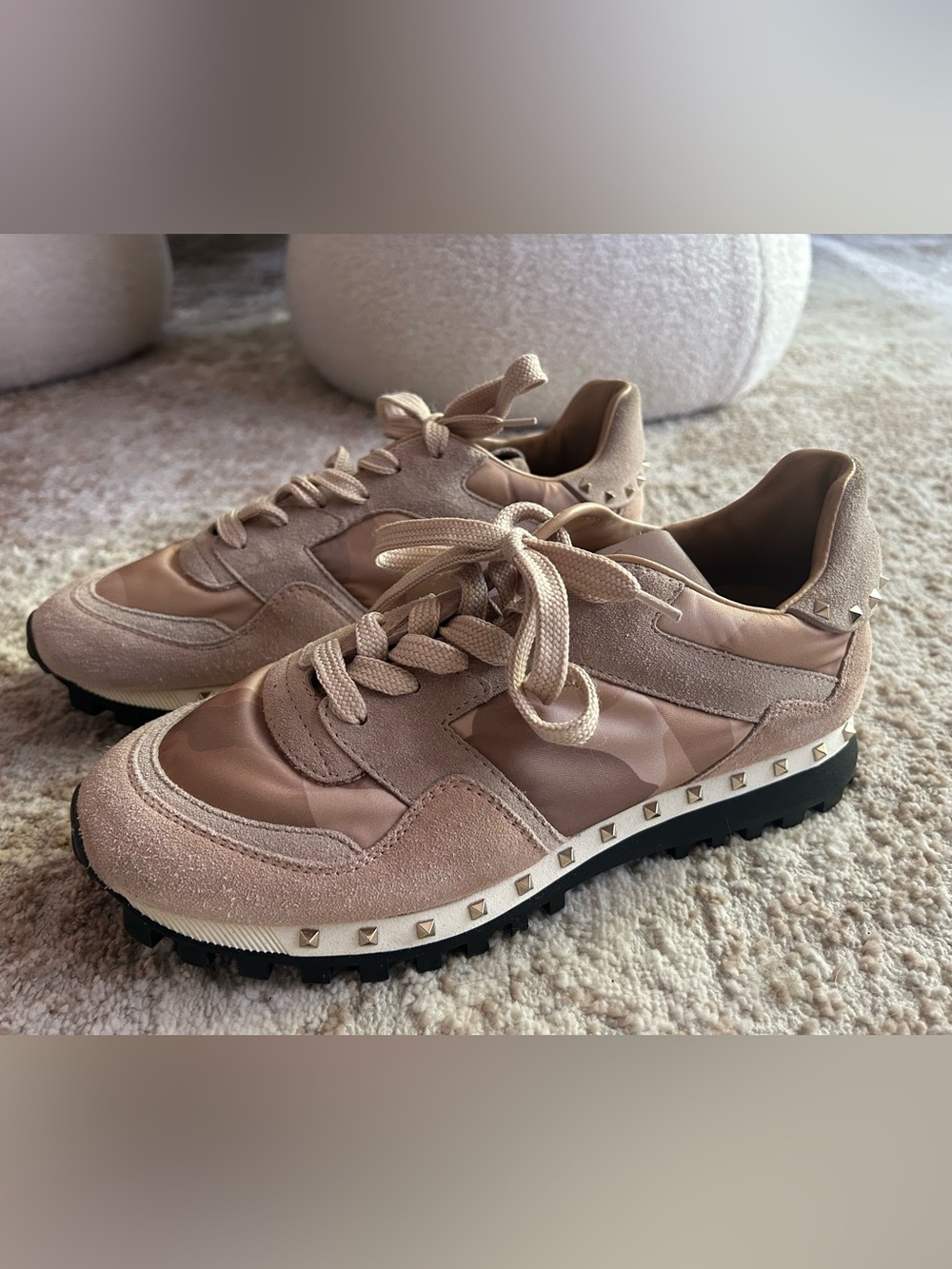 Valentino Rockstud Beige/Powder Pink Suede & Nylon Camoflauge Sneakers